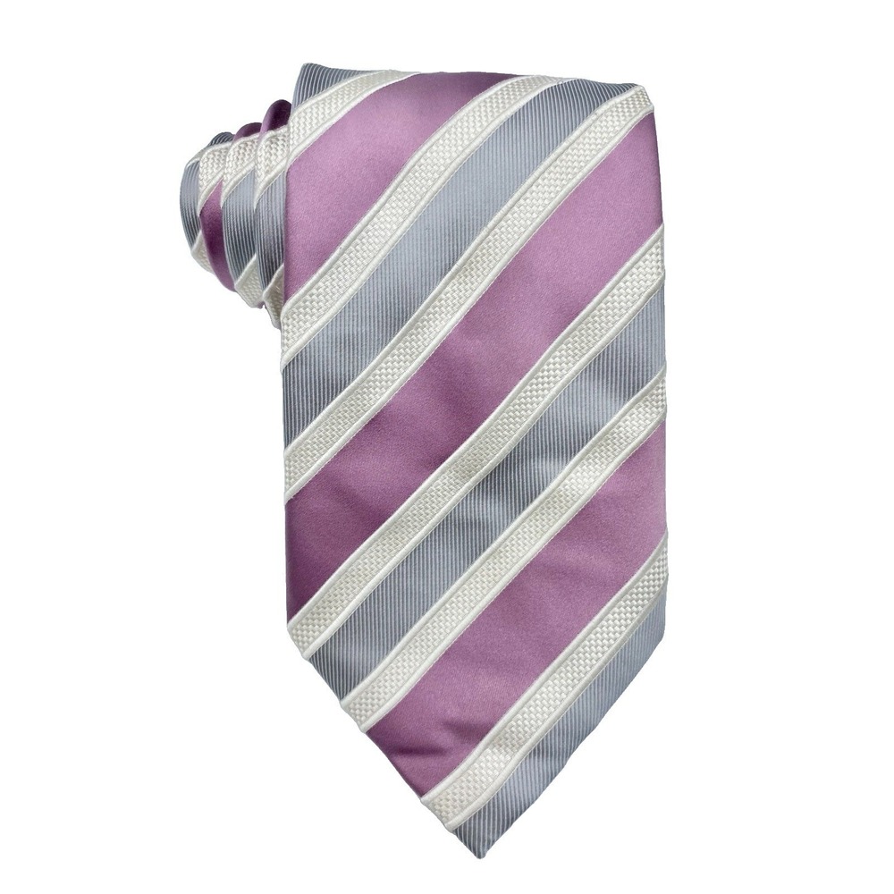 Donald J Trump Signature Tie Pink White Silver Striped 100% Silk Handmade